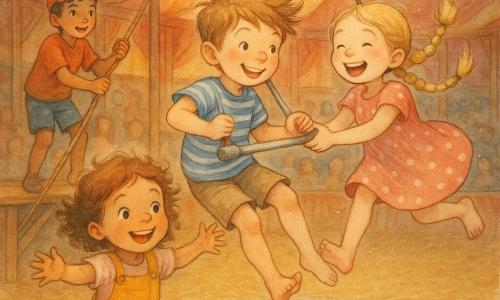 There are four children: a boy about 8 with light brown windblown hair and a blue-and-white striped tee at center-left clinging to a small trapeze, smiling with hair flying; a girl about 7 with fair skin, braided blonde hair and a pink polka-dot dress at center-right holding the boy’s hand and laughing as they fly together; a boy about 9 with tanned skin, short black hair and a red cap at back-left on a wooden platform ready to pull a rope and encouraging the others; a girl about 6 with curly brown hair in a yellow dungaree at the front landing on a soft blue mat with arms outstretched and bright eyes. Place: a large red-and-yellow striped circus tent with polished wooden interior, warm diffuse light, round string lights, colorful bunting, a blurred audience, straw-covered floor and a large round blue mat under the trapeze. Main scene: the four children joyfully flying on the trapeze during a circus act, with clear, rounded aerial movements, laughing, amazed expressions, floating fabric, shimmering straw dust, and a magical, safe atmosphere.