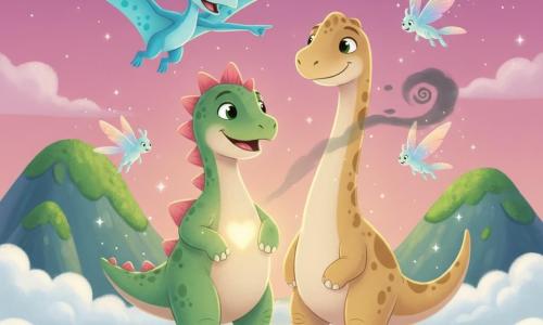 Stego, een jonge stegosaurus, glimlachend en vastberaden, groene schubben en roze-oranje rugplaten, staand op achterpoten met het hoofd licht gekanteld en een gouden gloed uit zijn hart; Terry, een vrolijke pterodactylus met hemelsblauwe vleugels en turquoise vlekken, vliegt linksboven en wijst met zijn blik; Dippy, een rustige, aanhankelijke diplodocus met een lang beige nek en lichtbruine vlekken, staat rechts en slaat zijn staart om Stego’s poot, zelfverzekerde blik; bovenop de Blauwe Bergen ronde, mosbedekte rotsen, katoenachtige witte wolken in de diepte en een roze-paars schemerlucht met opkomende sterren; transparante, glinsterende luchtwezens met regenboogvleugels zweven rond; hoofdscene: de drie vrienden vormen een kleine kring, hun lichamen stralen een warme aura die een kleine donkere grijze wolk in spiralen terugdrijft, magische sfeer, felle kleuren en zachte texturen, gecentreerde, kindvriendelijke compositie.