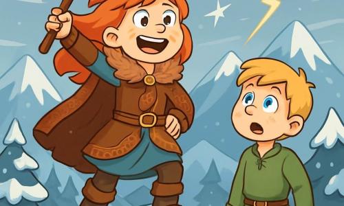 Freydis, ein 12-jähriges Wikinger-Mädchen, steht stolz auf einem verschneiten Berggipfel, ihr Gesicht strahlt Entschlossenheit und Freude aus. Ihre leuchtend roten Haare wehen im kalten Wind, und sie trägt einen braunen Pelzmantel mit nordischen Mustern. In ihrer Hand hält sie eine kleine Axt, ein Symbol ihres Mutes. Neben ihr steht Hakon, ein 13-jähriger Junge mit blonden Haaren und hellblauen Augen, der Freydis bewundernd ansieht. Er trägt eine Wolltunika und Lederhosen und steht leicht im Hintergrund, beeindruckt von ihrem Wagemut. Die majestätische Landschaft zeigt schneebedeckte Berge unter einem grauen Himmel, während schneebeladene Tannen den Weg säumen. Der Boden ist mit einer dicken Schicht glitzernden Schnees bedeckt, und Eiskristalle funkeln in der Sonne. Freydis, die den Gipfel erreicht hat, ist bereit, ihren Traum zu verwirklichen und ihren Wert als Kriegerin zu beweisen. Sie blickt auf die weite Landschaft hinunter, ihr Herz schlägt vor Aufregung und Stolz, während ein Lichtstrahl den Himmel durchquert und ihre Verbindung zu den nordischen Göttern symbolisiert.