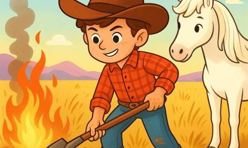 Un giovane cowboy, Tommaso, con un grande cappello da cowboy marrone, un sorriso determinato e occhi scintillanti di audacia, sta scavando una trincea nel terreno secco della prateria. Indossa una camicia a quadri rossa e pantaloni in denim usurati, con le mani sporche di terra. Accanto a lui, il suo fedele cavallo, Nuvola Bianca, una giumenta bianca dai crini setosi, osserva attentamente, pronta ad aiutarlo. Il paesaggio è una vasta prateria dorata, con erbe alte che danzano al vento e un cielo blu brillante punteggiato da alcune nuvole bianche. In lontananza, le montagne si stagliano all'orizzonte, tinte di rosa dal tramonto. La scena principale mostra Tommaso che lotta coraggiosamente contro un incendio minaccioso, scavando con determinazione per proteggere la prateria e gli animali che vi si trovano.