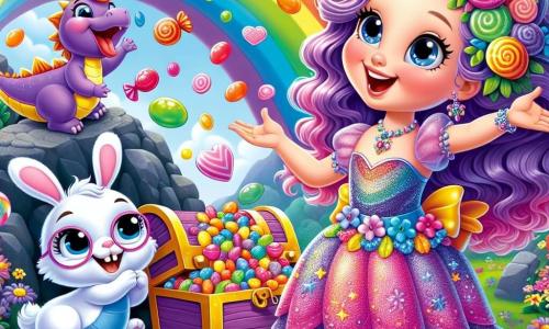 La princesa Lila, una niña de aproximadamente 8 años, tiene largos cabellos ondulados de color violeta y lleva un vestido brillante adornado con flores multicolores. Sonríe con asombro, con los ojos brillando de alegría, mientras descubre un cofre lleno de caramelos de colores en la cima de la montaña. A su lado, Rayo, un dragón amistoso con escamas brillantes de todos los colores del arcoíris, está escupiendo caramelos que caen como una lluvia dulce. Se ve entusiasta y juega con las golosinas que vuelan a su alrededor. Un poco más lejos, Tico, un pequeño conejo de 5 años con grandes gafas redondas y pelaje blanco, salta de alegría al atrapar un caramelo. Está sentado en una piedra, mirando el cofre con los ojos muy abiertos. La escena se desarrolla en la cima de una montaña mágica, donde el suelo está cubierto de flores brillantes y el cielo es de un azul radiante, salpicado de nubes en forma de caramelos. La situación principal muestra a Lila, Rayo y Tico celebrando su descubrimiento de un tesoro de caramelos, rodeados de risas y alegría, en un momento de pura felicidad y amistad.