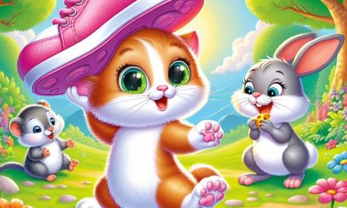 Un gattino morbido e setoso, con occhi brillanti di curiosità, indossa una grande scarpa rosa sulla testa. Sembra felice e divertito, saltando su una zampa. Accanto a lui, una piccola coniglietta con grandi orecchie, pelo bianco e guance rosa, ride mentre tiene un'altra scarpa nella zampa. Un piccolo ratto grigio, con una coda sottile e occhi furbi, si trova sullo sfondo, tenendo una fetta di formaggio e ridendo della scena. La scena si svolge in una foresta soleggiata, piena di alberi verdi e fiori colorati che danzano nel vento. I tre amici si divertono insieme ballando e ridendo, creando un'atmosfera gioiosa e vivace, mentre la scarpa rosa vola nell'aria, aggiungendo un tocco di magia al loro gioco.