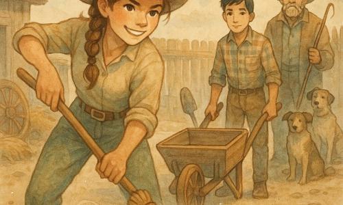 Una cow‑girl giovane adulta, viso sorridente e determinato, occhi lucenti, capelli castani intrecciati sotto un cappello di feltro consumato, tiene una grande scopa di legno impolverata e si china in avanti per spazzare un cortile polveroso con postura energica e sicura; un ragazzo di circa 18 anni, Yusuf, carnagione olivastra, capelli neri corti, espressione timida ma coraggiosa, in camicia a quadri, aiuta tenendo una pala e una carriola vicino alla cow‑girl, leggermente a destra e dietro di lei; un uomo anziano, Zio Tom, ~60 anni, volto rugoso, barba brizzolata, cappello a tesa larga, in piedi dietro i due giovani con un frustino da pastore e due cani seduti ai suoi piedi, sguardo protettivo; il luogo è il cortile di un ranch del Far West con terreno battuto e pietrisco, un cumulo di fieno, ruote di carro in legno, tavole di bordo, un piccolo deposito e una palizzata sotto un ampio cielo nuvoloso; colori caldi seppia e ocra con tocchi di salvia e azzurro polvere; situazione: dopo una leggera tempesta la cow‑girl e Yusuf puliscono il cortile per riporre gli attrezzi e proteggere il ranch, movimento di spazzata visibile con vortici di polvere e un’atmosfera di cooperazione e calma ritrovata.