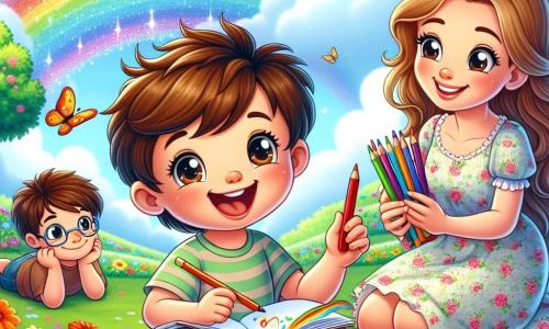 A 2-year-old boy named Max, with messy brown hair and bright sparkling eyes, joyfully smiles while holding a colored crayon in his hand. He is sitting on the green grass, surrounded by colorful flowers, looking very excited. Next to him, his mother, a woman in her thirties with long blonde hair, wears a light floral dress and smiles tenderly at Max while holding a box of crayons. A little further away, his father, a man in his thirties with a brown beard and glasses, is crouched down, marveling at a ladybug on a leaf. The scene takes place in a spring garden filled with vibrant flowers, butterflies fluttering around, and a large green tree in the background. The sky is blue with a few fluffy white clouds. Max and his parents are drawing together, capturing the beauty of spring while laughing and having fun, creating joyful family memories.
