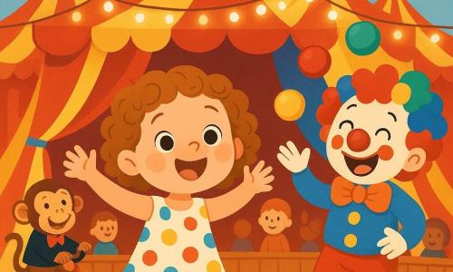 A 2-year-old girl with rosy cheeks and curly hair smiles in wonder, her eyes shining with joy, as she stands in the center of a large circus tent. She wears a colorful polka dot dress and little sandals. Next to her, a cheerful clown with a red nose and multicolored hair juggles balloons, laughing and making faces. A mischievous monkey in a small costume pedals a bike just behind them, adding to the festive atmosphere. The tent is decorated with sparkling lights and large colorful flags, with amazed spectators sitting on wooden benches. The scene shows the little girl raising her arms in the air, ready to applaud the incredible show unfolding before her.