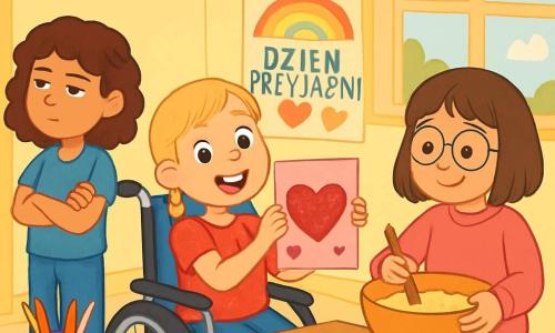 W scenie znajdują się trzy postacie: Zuzia, dziewczynka lat 9 z brązowymi, kręconymi włosami, w niebieskiej koszulce i dżinsach, z wyrazem obojętności na twarzy, z założonymi rękami; Tosia, dziewczynka lat 9 na wózku inwalidzkim, z blond warkoczem i czerwoną bluzką w serduszka, uśmiechająca się radośnie i trzymająca dużą kartkę walentynkową ozdobioną brokatem; oraz Pola, dziewczynka lat 9 z kasztanowymi włosami i okrągłymi okularami, w różowym swetrze, mieszająca składniki w dużej misce, otoczona kolorowymi foremkami do muffinek. Miejsce akcji to jasna klasa z pastelowo żółtymi ścianami, ozdobiona papierowymi girlandami w kształcie serc, a stoły są pokryte przyborami artystycznymi: kredkami, papierami dekoracyjnymi i brokatem. Duże okno wpuszcza światło słoneczne, oświetlając kolorowy plakat na ścianie z napisem 