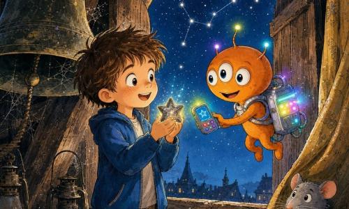 Lucas, menino de 6 anos, sorridente e maravilhado, cabelo castanho desgrenhado, segura junto à janela do campanário uma pequena estrela de pedra brilhante; Tili, um extraterrestre laranja de três olhos que flutua com uma mochila prateada que emite luzes coloridas, mostra um pequeno aparelho luminoso tipo tradutor de estrelas; um rato cinzento e tímido com um pedaço de queijo se esconde atrás de um velho cortinado poeirento que brilha ligeiramente; o local é o topo de um antigo campanário de madeira com grandes vigas, sinos empoeirados e teias, janela aberta para um céu noturno estrelado, poeira suspensa que cintila; Lucas e Tili compartilham um momento de amizade sob a luz colorida, a estrela brilha nas mãos de Lucas, o tradutor repousa contra o sino vibrando suavemente e o cortinado dourado ondula, criando uma atmosfera mágica e suave.