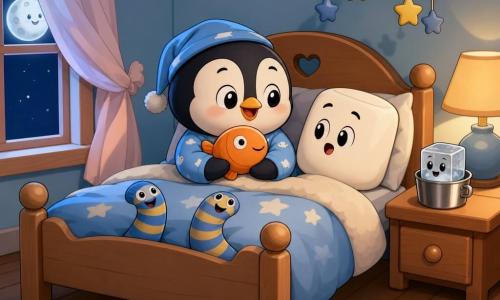 A small penguin in blue pajamas with a round face and sleepy smile sits on a wooden bed holding an orange fish plush; a big fluffy white marshmallow on the pillow looks slightly surprised; two blue-and-yellow striped socks poke out from the blanket like joyful little worms at the foot of the bed; a small transparent ice cube tinkles in a metal cup on the bedside table to the right; a pale pink curtain billows at the window to the left with moonlit highlights; the cozy colorful room has pastel blue walls, a beige round rug, a star mobile, and a silver moon casting soft light on the wooden floor — a calm, funny bedtime moment with the penguin softly laughing at the marshmallow and socks, composition centered on the bed and its little friend-objects.