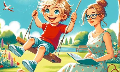 A 2-year-old boy with messy blonde hair and sparkling eyes is playing in a sunny park. He wears a red t-shirt and blue shorts, laughing as he swings high with his arms raised as if flying. Next to him, his mother, a woman in her thirties with brown hair in a bun, smiles while gently pushing him on the swing. She wears a light floral dress and has a picnic basket at her feet. His father, a man in his thirties with a light beard and glasses, sits on the grass reading a book, looking at his son with a proud smile, surrounded by scattered toys. The park is lush with majestic trees, colorful flowers, and a bright blue sky. In the distance, there's a pond with ducks, adding life to this joyful scene. The main focus is the boy having fun on the swing, laughing while his family encourages him, enjoying a beautiful summer day together.