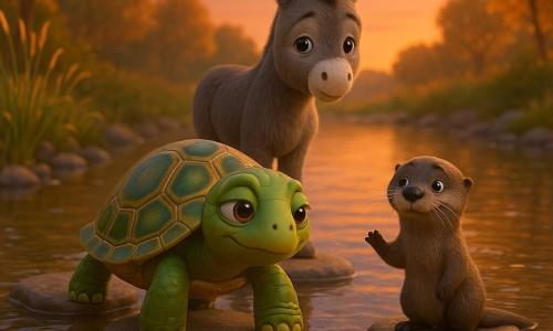 A serene, determined female turtle named Tilly with a shiny green-and-gold patterned shell and large gentle eyes is stepping onto a flat stone in a clear river; a juvenile donkey named Jasper, timid but encouraged, with a soft gray coat and large ears stands just behind on a nearby stone, looking at the water with hope; a playful otter with wet gleaming fur and twitching whiskers pops up on a lower stone in a friendly gesture. The scene is a warm sunset river crossing with flat stepping stones, banks of tall grasses and wildflowers, golden-leaved trees and an orange-purple sky, soft light and sparkling reflections, composition centered on the turtle and donkey to show mutual support.