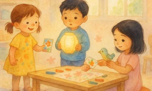 There are three children: Lina, 4, brown hair in pigtails, wearing a paint-stained yellow dress, standing left smiling as she offers a colorful card; Amir, 4, short black hair, sky-blue sweater, standing center holding a softly glowing paper lantern, eyes wide with wonder; Noor, 4, straight black hair, pale pink dress, seated at a small desk on the right holding a toy bird and receiving the card with a shy smile. Scene: a pastel-walled preschool classroom with large windows, soft light, low wooden tables, colorful cushions, scattered crayons, a small floral cloth on the table and the scent of paper and glue. Main action: the three children gathered around a low table—Lina offers the card, Amir shows the warm-glowing lantern, Noor accepts the gift—gentle, paper-cut flowers drifting, watercolor shadows and washed colors.