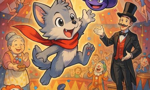 A small anthropomorphic wolf with soft gray fur, big shiny round eyes and a flowing red scarf leaps from a trapeze to catch the ribbon of a flying shiny purple top hat with a color-changing band and a mischievous character-like expression; a plump elderly candy vendor with a gray bun and polka-dot apron holds a basket of lollipops and applauds in the left background, the tall elegant ringmaster in a black tailcoat and top hat with a neat mustache gestures encouragement from the right near a small wooden podium, colorful clowns with red noses and striped costumes and acrobats in glittering outfits hang and cheer at the edges, all under a large red-and-white striped circus tent on a dusty wooden floor lit by warm yellow spotlights, confetti and scattered hats filling the air and trunks and drums by the wings—main scene: a hat parade turned heroic as the little wolf saves the flying hat, festive vibrant colors and frozen action with awed spectators.