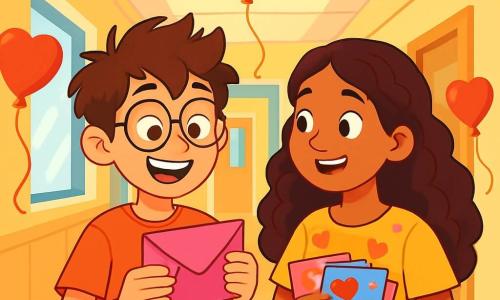 A 12-year-old boy, Leo, with messy brown hair and round glasses, stands in a bright hallway of a building. His face is lit up with an excited smile, and his eyes sparkle with curiosity as he holds a shiny pink envelope in his hands. Next to him is his best friend Maya, a 12-year-old girl with long curly hair, wearing a heart-patterned t-shirt and looking at Leo with enthusiasm. She holds a stack of colorful Valentine's Day cards. The hallway is decorated with paper heart garlands and floating red balloons, creating a festive and joyful atmosphere. The walls are painted a soft pastel color, and windows let in daylight, brightening the space. The main scene shows Leo and Maya planning their secret mission to find out who the pink envelope belongs to, surrounded by the excitement of Valentine's Day and an atmosphere of mystery and friendship.