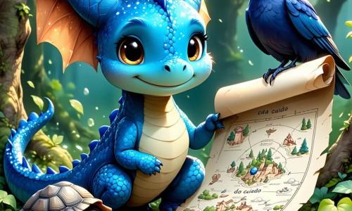 Tico, um pequeno dragão azul com escamas brilhantes, observa com olhos curiosos, segurando um grande rolo de papel onde desenhou um Mapa do Cuidado. Seu sorriso largo demonstra entusiasmo e desejo de ajudar. Ao seu lado, Mestra Tuga, uma velha tartaruga de costas enrugadas e olhos sábios, observa com benevolência, sentada em uma pedra, cercada por folhas verdes. Ela segura uma pequena pedra na pata, pronta para explicar os símbolos do desenho. Nina, uma corvo de penas negras e brilhantes, voa acima deles, com uma expressão determinada, pronta para trazer mensagens de paz. O local é uma clareira ensolarada, cercada por árvores de troncos grossos e flores coloridas que dançam ao vento. Um suave riacho brilha nas proximidades, acrescentando frescor à atmosfera pacífica. A cena principal mostra Tico, Mestra Tuga e Nina reunidos em torno do Mapa do Cuidado, discutindo alegremente como receber os novos chegados em seu vale, com gestos amigáveis e sorrisos calorosos.
