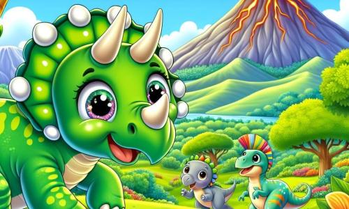 Een blije triceratops genaamd Trixie staat op een groene heuvel, met groene schubben en glanzende witte hoorns. Ze heeft grote sprankelende ogen en een brede glimlach, die haar nieuwsgierigheid en enthousiasme uitdrukt. Naast haar leunt Benny, een langnek brontosaurus, om bladeren van een boom te pakken, terwijl Lucy, een kleine velociraptor met kleurrijke veren, om hen heen rent met een ondeugende uitdrukking. De achtergrond is een prachtige vallei omringd door majestueuze bergen, met bomen met heldere bladeren en kleurrijke bloemen die in de wind dansen. In de verte rookt een oude vulkaan lichtjes, wat een vleugje mysterie aan de scène toevoegt. De hoofdactie toont Trixie en haar vrienden die het vreemde geluid van de vulkaan ontdekken, met verwonderde en opgewonden gezichten, klaar om op avontuur te gaan en dit mysterieuze fenomeen te verkennen.