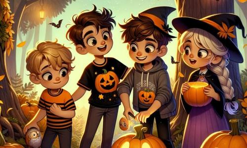 Em um parque misterioso, quatro amigos se preparam para o Halloween. Lucas, um garoto de 10 anos com cabelos castanhos bagunçados e uma camiseta laranja com um desenho de abóbora, segura uma grande folha dourada na mão, sorrindo de empolgação. Ao seu lado, Ana, uma menina de 9 anos com cabelos loiros trançados e um chapéu de bruxa preto, ri enquanto esculpe uma abóbora ao lado de uma pequena lanterna. Pedro, um garoto de 10 anos com cabelos castanhos e um moletom cinza, olha ao redor com uma expressão preocupada, segurando uma pedra brilhante. Por fim, Sofia, uma menina de 9 anos com cabelos cacheados e um vestido roxo, está diante de uma abóbora encantada, maravilhada com sua beleza. O parque está cheio de grandes árvores com folhas douradas e laranjas, e uma suave luz da lua ilumina o caminho. Sombras dançam entre as árvores, e uma leve brisa faz as folhas tremularem, criando uma atmosfera mágica e levemente assustadora. Os amigos descobriram um baú misterioso e embarcam em uma busca para encontrar três objetos mágicos: uma folha dourada, uma pedra brilhante e uma abóbora encantada, para ativar a magia do Halloween e superar seus medos juntos.