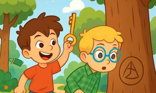 Há 2 personagens principais: João, um garoto de seis anos com cabelos castanhos bagunçados, vestindo uma camiseta vermelha e um short azul, que é entusiasmado e segura uma chave dourada; e Miguel, um garoto de seis anos com cabelos loiros e óculos redondos, vestido com uma camisa xadrez verde e uma calça bege, que observa com curiosidade um símbolo estranho gravado em um tronco de árvore. Os dois amigos estão em um parque verdejante, cercados por árvores majestosas, flores coloridas e um gramado bem cuidado. Ao fundo, um pequeno caminho sinuoso leva a uma biblioteca de tijolos vermelhos, onde está a sábia bibliotecária. A cena principal mostra João e Miguel em plena investigação, examinando atentamente o símbolo misterioso no tronco da árvore, com expressões de curiosidade e empolgação em seus rostos, enquanto o sol brilha no céu azul, adicionando uma atmosfera alegre à sua aventura.