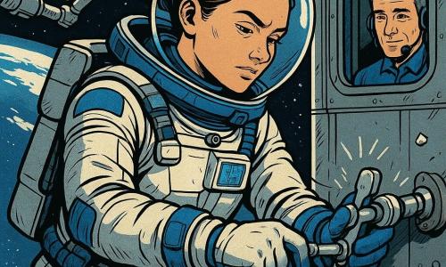 Een jonge vrouwelijke astronaut (ongeveer 28) met bruin haar in een knot en een kalme, geconcentreerde blik draagt een wit-blauw ruimtesuit met zichtbare metalen bevestigingen en maakt een hoorbare klik terwijl ze een veiligheidslijn vastzet aan een buitenankerpunt van het ruimtestation; haar handschoenen, beheerste houding en een close-up van de bevestigingsbeweging tonen een klein bevroren deeltje op de achtergrond. Binnen, achter een capsuleraam, kijkt een mannelijke instructeur (ongeveer 40) met kort grijszout haar geruststellend en spreekt in zijn microfoon; buiten geen andere mensen, alleen de vage schaduw van een robotarm. Exterieur: glanzende rechthoekige zonnepanelen, grijze texturen, metalen reflecties en details, en op de achtergrond de ronde blauwe-witte aarde met roomwitte wolken; scène van een langzame ruimtewandeling na een anomalie, stille, geconcentreerde sfeer, contrasterende kleuren (diepblauw, helder wit, metalig grijs) en duidelijke comicslijnen die de klikken en de checklist op een klein polsscherm benadrukken.