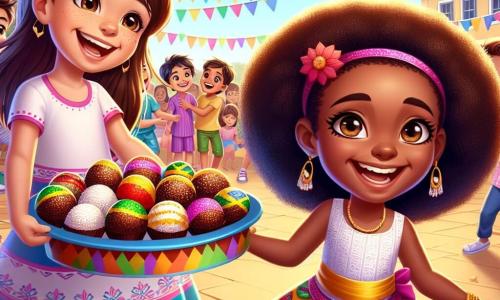 No centro da imagem, uma menina de 8 anos chamada Sofia, com cabelos castanhos e olhos brilhantes, sorri alegremente enquanto segura um prato de brigadeiros. Ela usa um vestido colorido, cheio de padrões alegres, e seu rosto expressa a excitação e o orgulho de compartilhar sua cultura. Ao lado dela, Lila, uma menina de 8 anos de origem nigeriana, com cabelos crespos e um sorriso bonito, dança com entusiasmo. Ela veste um vestido tradicional colorido e está ligeiramente ao fundo, adicionando dinamismo à cena. Amir, um menino de 9 anos de origem do Oriente Médio, com cabelos negros e olhos marrons, observa com curiosidade. Ele está sentado em um balanço, com um leve sorriso, pronto para se juntar aos amigos na dança. O local da cena é um pátio escolar animado, decorado com bandeirinhas coloridas e mesas cheias de pratos típicos de diferentes culturas. Crianças de diversas origens brincam e riem ao redor, criando uma atmosfera festiva e acolhedora. A situação principal mostra Sofia, Lila e Amir celebrando o 
