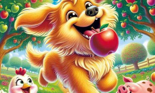 Rufus, um cão alegre com pelagem dourada e olhos brilhantes, corre entusiasmado em um pomar, com uma grande maçã vermelha na boca, exibindo um largo sorriso. Ao seu lado, Gilda, uma galinha branca com penas brilhantes, o observa com diversão, suas asas levemente abertas como se estivesse pronta para voar. Perto deles, Pipo, um pequeno porquinho rosa com manchas marrons, rola na grama, rindo da situação. O cenário é um pomar ensolarado, cheio de árvores carregadas de frutas coloridas, com flores silvestres dançando ao vento, criando uma atmosfera alegre e vibrante. A cena mostra Rufus e seus amigos em uma aventura, prontos para compartilhar risadas e camaradagem sob o céu azul.