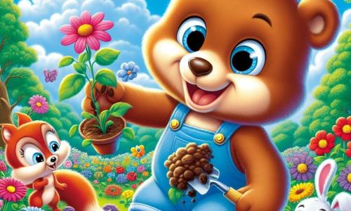 Bruno, un oso pardo de grandes ojos redondos y pelaje suave, está lleno de alegría mientras planta flores coloridas en su jardín. Sonríe ampliamente, sosteniendo delicadamente una flor rosa que acaba de sembrar. A su lado, Sofía, una pequeña ardilla de pelaje rojizo y cola esponjosa, salta de alegría sosteniendo una flor amarilla, su rostro radiante de emoción. Carlos, un adorable conejo blanco con orejas largas y ojos brillantes, está cavando un agujero para plantar una flor azul, mostrando una gran sonrisa en su cara. El jardín es un lugar encantador, lleno de flores vibrantes, mariposas revoloteando y árboles verdes que rodean al trío. El cielo es de un azul brillante, salpicado de nubes esponjosas, y el sol brilla, iluminando la escena con una luz cálida. La situación principal muestra a Bruno y sus amigos creando un hermoso jardín primaveral, llenos de risas y amistad, celebrando la belleza de la naturaleza que despierta después del invierno.