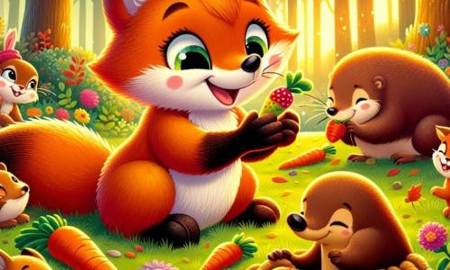 En un claro del bosque, un pequeño zorro llamado Tobías, con un pelaje de un naranja brillante y ojos llenos de curiosidad, sonríe alegremente mientras sostiene una pequeña baya en sus patas. Está rodeado de un ambiente festivo, con hojas coloridas cayendo a su alrededor. A su lado, la amable señora Coneja, con su suave pelaje y grandes orejas, mira a Tobías con gratitud, compartiendo zanahorias con otros animales. Un poco más lejos, el sabio señor Topo, con su pelaje marrón y patas pequeñas, excava el suelo para desenterrar raíces sabrosas, mostrando una sonrisa satisfecha. El claro está bañado por la luz dorada del sol poniente, con grandes árboles de hojas verdes y flores coloridas que añaden magia a la atmósfera. Los animales se reúnen alrededor de un gran mantel lleno de comida, riendo y compartiendo historias. La escena principal muestra a Tobías y sus amigos celebrando su cosecha de alimentos, uniendo fuerzas para ayudar a quienes lo necesitan, creando así un sentimiento de solidaridad y alegría en el corazón del bosque.