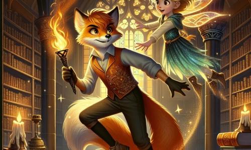 Ilustración que representa a un joven, un zorro de ojos vivos y pelaje ámbar, con una expresión de determinación. Está en una posición dinámica, listo para saltar, con una antorcha mágica en una pata que ilumina su rostro. A su lado, una niña, una hada con alas brillantes, flota sobre el suelo, con el cabello dorado danzando al viento, extendiendo la mano hacia el niño para ayudarlo. El entorno es una biblioteca antigua con estanterías de madera, libros polvorientos y rayos de luz filtrándose a través de vitrales, creando un juego de sombras. La escena principal muestra al niño y al hada luchando contra sombras amenazantes entre los libros, uniendo fuerzas para defender la magia de la ciudad. Elementos gráficos adicionales incluyen destellos de luz de la antorcha, siluetas oscuras en la penumbra y libros que parecen vibrar, añadiendo un toque de magia a la escena.
