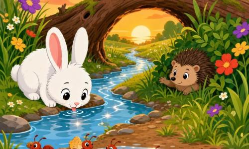 Ein kleiner weißer Hase mit großen runden Ohren, flauschigem Fell, glänzenden Augen und schelmischem Lächeln hockt am linken Ufer und trinkt fröhlich aus einem klaren Rinnsal; rechts nahebei liegt ein halbrund zusammengerollter brauner Igel mit weichen Stacheln und schüchternzufriedenem Blick neben einem Busch, während eine Gruppe niedlicher roter Ameisen im Vordergrund eine glänzende Pfütze überquert und Krümel trägt, alles in einer sonnigen Abendwiesenlandschaft mit hochgestyltem Gras, flachen bunten Blumen (violett, gelb, rot), einem glitzernden Bach mit weißen Reflexen und einem alten Baumstamm als Bogenbrücke im Hintergrund; die Szene zeigt eine friedliche, mutige Mini-Abenteuerstimmung, klare, fröhliche Farben und gut lesbare Komposition für sechsjährige Kinder.