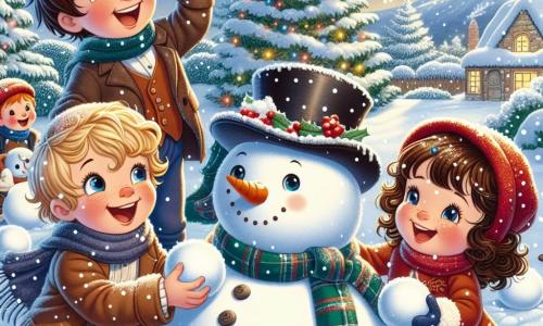 In einem charmanten, verschneiten Garten sind vier Freunde versammelt, um einen Schneemann zu bauen. Max, ein Junge mit zerzausten braunen Haaren und funkelnden Augen, rollt einen großen Schneeball und lacht laut. Neben ihm wirft Leo, ein blonder Junge mit einem schelmischen Lächeln, einen Schneeball in Richtung Tom. Tom, ein Junge mit kastanienbraunen Haaren und runden Brillen, steht etwas abseits und hält einen alten Filzhut, bereit ihn auf den Schneemann zu setzen. Schließlich bindet Mia, ein kleines Mädchen mit langen, lockigen Haaren und einer roten Mütze, einen hübschen bunten Schal um den Hals des Schneemanns. Der Garten ist mit funkelnden Schneeflocken bedeckt, die Bäume sind schneebedeckt und Weihnachtslichter leuchten sanft im Hintergrund. Der Himmel ist hellblau mit flauschigen weißen Wolken. Die vier Freunde haben Spaß zusammen, lachen und singen, während sie ihrem Schneemann, den sie Frosty genannt haben, Leben einhauchen, indem sie ihm lustige Accessoires hinzufügen und fröhliche Posen um ihn herum einnehmen.