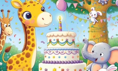 In the center of the image, a small giraffe named Gina, with yellow fur spotted with brown and large sparkling eyes full of joy, stands in front of a large birthday cake decorated with colorful candles. She smiles widely, her long delicate legs slightly bent as if ready to dance. To her right, Benny the rabbit, with his white fur and long floppy ears, jumps for joy, his eyes shining with excitement. He holds a small plate of cake in his front paws, ready to take a bite. To the left, Ellie the elephant, with her gray skin and large ears, leans forward with a warm smile, her gentle affectionate eyes blowing confetti into the air with her trunk. In the background, a majestic oak tree, adorned with colorful garlands, rises under a bright blue sky, while balloons float around, adding a festive touch to the joyful atmosphere. The scene shows Gina surrounded by her friends, all celebrating her birthday with laughter, smiles, and bursts of confetti, creating a magical and joyful ambiance.
