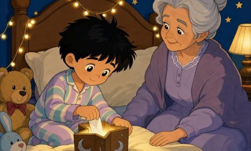 A serene bedtime scene: a 6-year-old boy with a round face, messy black hair and soft, slightly shiny eyes folds a small paper and slips it into a small star-shaped light-wood box painted with silver moons that glows faintly golden; a kindly 65-year-old grandmother with gray hair in a bun and a tender smile sits on the right edge of the bed, hand resting gently on the cream blanket to reassure him; the navy walls dotted with stars, warm string lights around the headboard and nearby stuffed animals create a warm, softly lit atmosphere as the boy in pastel-striped pajamas calmly deposits his note, evoking peace before sleep.