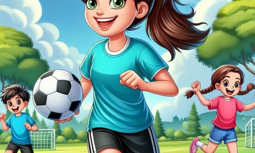 No centro da imagem, uma jovem, Maria, de cerca de 25 anos, dribla uma bola de futebol com um grande sorriso no rosto. Ela tem cabelos castanhos presos em um rabo de cavalo, usa uma camiseta azul vibrante, um short preto e chuteiras amarelas. Seus olhos brilham de excitação e alegria, refletindo seu amor pelo jogo. À sua direita, um menino chamado Lucas, de 10 anos, com cabelos bagunçados e uma camiseta vermelha, corre em direção à bola, com os braços abertos e uma expressão determinada. À esquerda, Ana, uma menina de 9 anos com tranças, usa um short rosa e uma camiseta amarela, pulando de alegria com as mãos levantadas, celebrando um gol. O cenário é um parque verdejante, com árvores majestosas ao fundo, um céu azul claro com algumas nuvens brancas e um campo de futebol bem cuidado. As crianças brincam ao redor, e risadas ecoam no ar. A cena principal mostra Maria e as crianças jogando futebol juntas, se incentivando mutuamente, em um ambiente de camaradagem e alegria, ilustrando o espírito de equipe e a diversão do jogo.