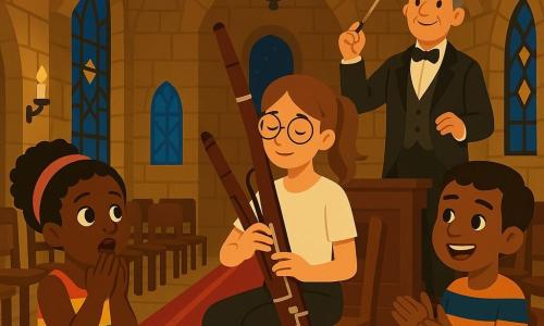 Giovane musicista donna dal viso dolce e concentrato, capelli castano chiaro raccolti in coda, occhiali rotondi, suona il fagotto di legno bruno contro le ginocchia con espressione serena; il Maestro, uomo di circa 50 anni con capelli grigi pettinati all'indietro e frac nero, sorride fiero su un piccolo podio mentre alza la bacchetta; in primo piano a sinistra una bambina di circa 8 anni in vestito colorato guarda stupita con le mani vicino alla bocca, a destra un ragazzino di circa 10 anni in maglione a righe è seduto e applaude sorridendo; grande sala di castello notturna con muri di pietra ocra, vetrate blu e dorate che diffondono luce soffusa, un grande lampadario con candele, tappeto rosso e file di sedie in legno; scena principale: la musicista suona una melodia rasserenante al centro del palco, i riflessi dorati delle vetrate brillano sul fagotto, il Maestro dirige e il pubblico di bambini ascolta ammirato.