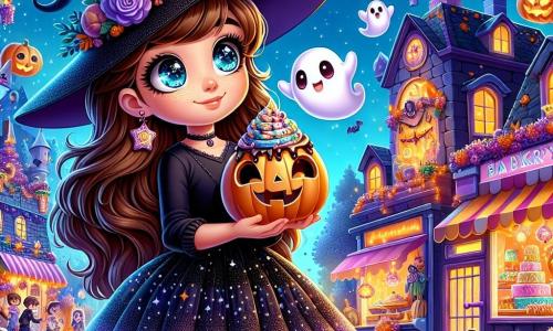 A 10-year-old girl named Luna, with long brown hair and sparkling curious eyes, wears a black witch costume with a pointed hat and a tulle skirt. She smiles in wonder, holding a small decorated pumpkin in her arms. Next to her, a little ghost named Boo, with a round friendly face, floats in the air, arms raised as if trying to wave. The setting is a lively street during Halloween, adorned with orange lanterns, sparkling spider webs, and houses decorated with dancing skeletons and flying bats. The trees are covered with golden leaves, and the sky is a deep blue, dotted with bright stars. The main scene shows Luna and Boo exploring the window of a giant cupcake-shaped bakery, amazed by the colorful treats and strange cakes that seem almost alive.