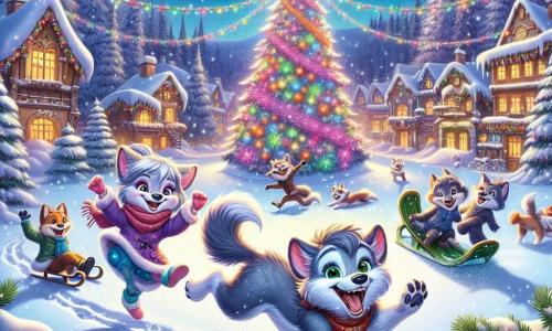 Lupoletto, un piccolo lupo dal pelo grigio e dagli occhi scintillanti di gioia, salta nella neve con un grande sorriso sul volto, circondato da fiocchi luccicanti. Accanto a lui, Lupa Linda, sua sorella, con un pelo morbido e occhi brillanti, danza felicemente con le zampe sollevate in aria, piena di eccitazione. Sullo sfondo, Lupo Bob, un lupo con un grande cappello a cilindro, ride mentre scivola su una slitta, mentre Lupa Stella, una lupetta dai colori vivaci, fa delle piroette nella neve, con gli occhi illuminati dalla felicità. Il contesto è un villaggio incantato, con alberi innevati decorati con ghirlande luminose e un grande albero scintillante al centro della piazza, dove luci colorate illuminano la notte stellata. La scena emana un'atmosfera festosa e calorosa, piena di risate e gioia, mentre i personaggi celebrano insieme il Capodanno in un'atmosfera magica.