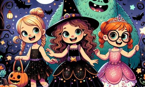 Trzy dziewczynki, w wieku około 10 lat, stoją w centrum magicznego ogrodu Halloween. Maja, z kręconymi brązowymi włosami i promiennym uśmiechem, ma na sobie czarny kostium czarownicy z skrzydłami nietoperza. Po jej prawej stronie Zosia, z warkoczami blond włosów, nosi sukienkę czarownicy ozdobioną brokatem i trzyma małą dynię. Po lewej stronie Ania, z rudymi włosami i okularami, jest ubrana w suknię księżniczki w różowym kolorze, trzymając różdżkę. Ogród jest oświetlony latarniami w kształcie dyni, a gwiazdy świecą na nocnym niebie. Skręcone drzewa otaczają przestrzeń, a przyjazne duchy unoszą się wokół, dodając magii. Dziewczynki radośnie tańczą z dużym potworem o przyjaznym uśmiechu, który ma okrągłe oczy i błyszczące białe zęby. Razem świętują Halloween, tworząc atmosferę radości i przyjaźni, podczas gdy kolorowe fajerwerki rozświetlają niebo nad nimi.