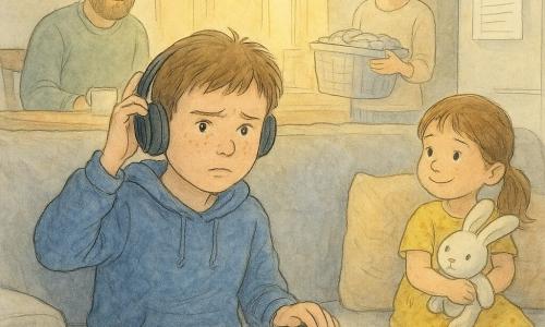 10-year-old boy Max: round face with freckles, short brown hair, slightly worn blue sweatshirt, worried but determined, left hand on a black tablet on the sofa and removing his headphones with the other; 6-year-old girl Lila: brown hair in pigtails, yellow polka-dot dress, holding a white plush rabbit and smiling curiously from a cushion fort beside the sofa; father in his 40s with short beard and green sweater sits at the table in the background watching Max kindly with a cup of tea; mother in her 30s with tied-back hair holds a basket of folded laundry in the kitchen doorway, watching gently; warm family living room at dusk with gray sofa, beige rug, a square of golden light on the floor from the window, a small coffee table with a half-eaten apple and a dimly lit tablet, main moment: Max pauses a loud video with bluish screen light on his face, contrasting with the room’s calm; a small paper titled 