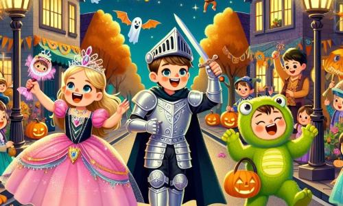 Three children stand together on a festive Halloween street: Lily, a four-year-old girl, wears a sparkling pink princess dress and a shiny crown, joyfully smiling with her arms raised, surrounded by colorful lights. Ben, a four-year-old boy, is dressed as a brave knight in silver cardboard armor and a shiny helmet, heroically brandishing a plastic sword slightly in front of his friends. Max, also four, is dressed as a funny monster in a green costume with big eyes and a fluffy tail, laughing and dancing next to Lily and Ben, radiating joy. The lively street is decorated with pumpkin lanterns and smiling ghost garlands, lined with trees with orange and golden leaves, and houses adorned with spider webs and floating bats add a magical touch. The main scene shows the children having fun together, dancing and laughing under a starry sky, with bags of candy at their feet, discovering the magic of Halloween amidst festive decorations and a joyful atmosphere.