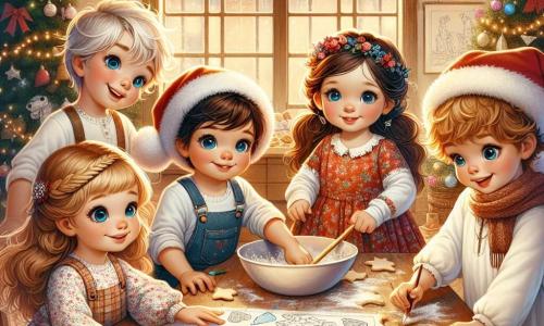 In una calda sala di un orfanotrofio, cinque bambini sono riuniti attorno a un grande tavolo di legno. Leo, un bambino di quattro anni con occhi blu e capelli biondi disordinati, sorride tenendo un disegno di un albero di Natale. Anna, una ragazza di sei anni con capelli ricci e un bel vestito rosso, ammira il disegno di Leo con un pastello in mano. Marco, un bambino di cinque anni con un grande cappello di Natale, si piega per mescolare l'impasto dei biscotti in una grande ciotola, concentrato. Sofia, una ragazza di sette anni con un berretto di lana bianco, sta accanto a Marco, spolverando farina sul tavolo con un grande sorriso. Infine, Mia, una bambina di cinque anni con trecce e un vestito a fiori, è seduta per terra circondata da disegni colorati, mentre ritaglia stelle di carta. La stanza è decorata con festoni scintillanti e un grande albero di Natale illuminato, creando un'atmosfera festosa. I bambini sono impegnati a preparare sorprese per gli adulti dell'orfanotrofio, riempiendo la stanza di risate e canti natalizi, mentre l'odore dei biscotti appena sfornati aleggia nell'aria.