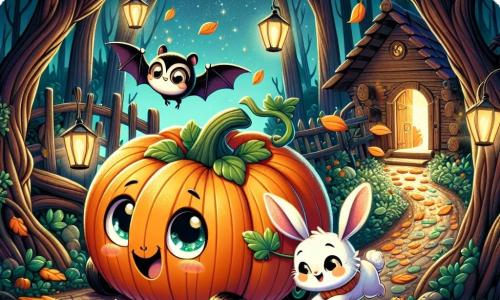 Pippin, a small smiling pumpkin with a shiny orange skin and sparkling eyes, joyfully rolls towards an old cabin in the woods, his green leaves swirling around him, full of excitement and curiosity. Beside him, Benny, a little bat with shiny black wings, flies in circles, grinning widely and enthusiastically encouraging Pippin. Rosie, an adorable rabbit with large ears and soft white fur, hops joyfully near Pippin, her eyes shining with joy and anticipation. The scene takes place in an enchanted forest where gnarled trees rise towards the starry sky, and twinkling lanterns light the path, creating a magical and mysterious atmosphere. In the center of the illustration, Pippin and his friends discover a glowing old door, ready to lead them into an adventure full of surprises and treasures, while autumn leaves dance around them in the gentle Halloween breeze.
