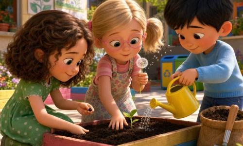 Sunt trei personaje: Maia, fetiță de 6 ani cu păr șaten buclat până la umeri, pistrui, rochiță verde cu buline albe și cizmulițe de cauciuc; e în stânga, îngenuncheată lângă o jardiniere, ținând delicat o sămânță; Lila, fetiță de 6 ani cu păr blond în două coadăți, zâmbitoare, cu șorț cu flori și ochelari rotunzi roz; e în centru, aplecată, acoperind sămânța cu pământ și suflând ușor pe o păpădie; Sami, băiat de 6 ani cu păr negru scurt, pulover bleu și blugi, privește timid dar fericit, ține un stropitor galben și toarnă apă ușor în dreapta lângă plantă; locul este o curte de școală însorită de primăvară cu dale deschise, jardiniere de lemn colorate, afișe educative pe perete, sac de compost și recipient de reciclare în fundal, flori multicolore și ramuri care creează pete de lumină; situația: cei trei plantează o sămânță de floarea-soarelui, cu gesturi blânde și concentrație, expresii de bucurie și ajutor reciproc, picături de apă strălucitoare, pământ închis și bogat și o atmosferă caldă și optimistă.