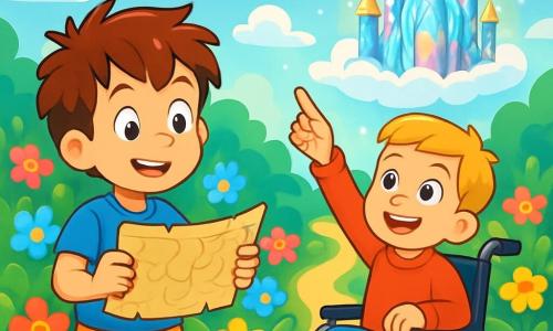 There are two main characters: Tom, an 8-year-old boy with messy brown hair and sparkling curious eyes. He wears a blue t-shirt and yellow shorts, holding an old map in his hands, looking in wonder. Ben, a 9-year-old boy with blonde hair and a warm smile, is in his wheelchair decorated with colorful stickers and wearing a red sweater. He points to the sky, where a floating castle is located. The main setting is an enchanted garden filled with multicolored flowers that softly sing in the breeze. In the background, a glowing path leads to a floating castle, shimmering in the sun, surrounded by fluffy clouds. The castle's walls are made of shining crystals that reflect the colors of the rainbow. The main situation of the story shows Tom and Ben discovering a magical map that leads them on an adventure. They are amazed by the beauty of the garden and the floating castle, ready to explore this fantastic world filled with magic and discoveries.