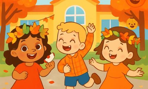 A 4-year-old girl with sparkling big eyes and curly hair wears a crown of colorful leaves. She smiles joyfully, her rosy cheeks lit up with excitement. Next to her, a 5-year-old boy with blond hair and a plaid shirt dances with his arms raised, laughing happily. Another child, a 4-year-old girl with brown hair, wears a similar crown and twirls around, her eyes shining with joy. The scene takes place in a schoolyard decorated with garlands of autumn leaves, with trees bearing orange and red leaves in the background. Pumpkin-shaped lanterns hang from the branches, adding a festive touch to the atmosphere. The children dance together at an autumn festival, surrounded by laughter and bright colors, enjoying slices of apples and pumpkin cookies, filled with energy and happiness.