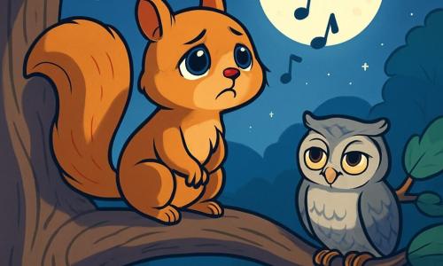 A young squirrel named Quinn, with golden-brown fur and a bushy tail, stands on a branch of a large oak tree. His face expresses gentle melancholy, with bright, sad eyes as he gazes at the starry sky, lost in thought. Beside him, a wise old owl with gray feathers and piercing eyes perches on a lower branch, wearing a benevolent and comforting expression as she watches Quinn attentively. The setting is an enchanted forest, bathed in silver moonlight, with shimmering leaves and a softly murmuring stream below. The main scene shows Quinn singing a soft melody in honor of his deceased friend, while the owl listens, creating an atmosphere of peace and remembrance.