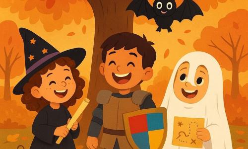 There are three characters: Mina, a 5-year-old girl with curly hair and freckles on her nose, wearing a witch hat decorated with small stars and holding a paper wand; Sam, a 5-year-old boy with brown hair and a big smile, dressed as a knight in cardboard armor with a brightly painted shield; and Leo, a 5-year-old boy with blonde hair and sparkling eyes, wearing a white sheet as a ghost costume with smiling eyes drawn on it, holding a small treasure map. The three friends are near a large oak tree in a park with autumn colors, with golden and red leaves falling around them. Glass lanterns sparkle on the ground, forming a bright path leading to the tree. The main scene shows the children laughing and preparing a Halloween surprise for Mr. Moonbeam, the guardian of the night, surrounded by glowing lanterns, with a smiling cardboard bat hanging from a branch, ready to welcome the magic of the night.