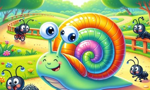 Un pequeño caracol llamado Carlos, con una concha colorida en espiral y una cara sonriente pero un poco preocupada, está pedaleando en una pequeña bicicleta, con sus antenas erguidas de emoción. A su lado, tres pequeñas hormigas, con cuerpos negros brillantes y ojos chispeantes de alegría, lo animan saltando en su lugar, moviendo sus pequeñas patas. La escena se desarrolla en un parque soleado, con árboles verdes exuberantes, flores coloridas y un camino de tierra que serpentea a través de la hierba. A lo lejos, un gran charco de agua brilla bajo el sol, añadiendo un desafío a su aventura. Carlos, decidido, se prepara para saltar sobre el charco, mientras las hormigas están listas para ayudarlo, creando una atmósfera de amistad y camaradería.