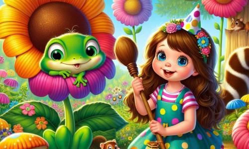 No centro da imagem, uma menina de 10 anos, Clara, com longos cabelos castanhos e olhos curiosos, está agachada perto de uma grande flor colorida em um jardim ensolarado. Ela usa um vestido de bolinhas coloridas e sorri alegremente, segurando uma vassoura de madeira em uma mão e um balde de mel na outra, pronta para pegar uma borboleta. À sua direita, um pequeno sapo chamado Zé, com pele verde brilhante e olhos redondos, salta entusiasmado, usando um chapéu de festa. À esquerda, um esquilo travesso, com pelagem marrom e cauda fofa, observa a cena de uma árvore, segurando um pedaço de papel colorido. O local é um jardim encantador, cheio de flores gigantes e árvores majestosas, sob um céu azul. Clara e seus amigos estão preparando uma festa para atrair a borboleta, com risadas e uma atmosfera alegre, em volta do balde de mel e das decorações florais.