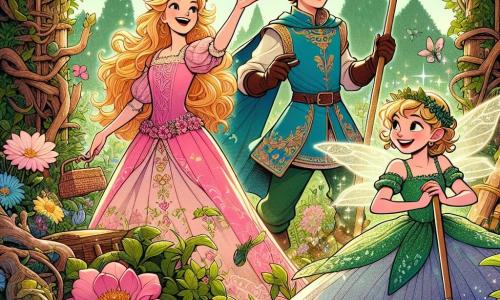 Doornroosje, een jonge prinses van ongeveer 18 jaar, staat in het midden van de scène, met lange gouden haren die om haar heen zweven. Ze draagt een roze jurk versierd met bloemen, en haar gezicht straalt van vreugde en verwondering terwijl ze de magie van de natuur om haar heen observeert. Naast haar staat Philippe, een dappere jongeman van ongeveer 20 jaar, gekleed in een glanzende harnas en een blauwe mantel. Hij glimlacht trots terwijl hij een houten schop vasthoudt, klaar om te helpen de schoonheid van de tuin te herstellen. Flora, een kleine fee met glinsterende vleugels, vliegt om hen heen, haar ogen sprankelend van ondeugd. Ze draagt een groene jurk gemaakt van bladeren en bloemen, en ze zwaait met haar toverstok om de bloemen die beginnen te bloeien te laten stralen. De achtergrond toont een oude en prachtige tuin, ooit in bloei, nu gedeeltelijk overwoekerd door onkruid. Majestueuze bomen omzomen het pad, en zonnestralen breken door het loof, waardoor de heldere kleuren van de herboren bloemen worden verlicht. De hoofdscène toont Doornroosje en haar vrienden verenigd in een moment van geluk, die samen werken om leven te geven aan de betoverde tuin, vol magie en beloften van vernieuwing.