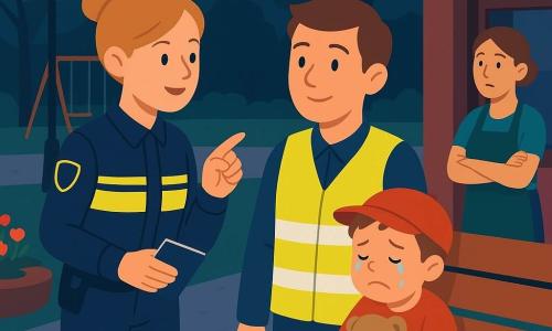 De hoofdpersoon is een jonge man (ca. 20–25) met rond gezicht, kort bruin haar, nieuwsgierige glimlach en aandachtige blik; hij draagt een felgeel reflecterend hesje en houdt een klein notitieboekje in zijn rechterhand, staand bij een parkbank. Agente Noor is een vrouw (ca. 30–35) met lichte huid, blond haar in een knot, vriendelijke geconcentreerde uitdrukking; ze draagt een donkerblauw uniform met reflecterende strepen en wijst kalm naar het trottoir links van de man terwijl ze uitlegt. Een jongen (ca. 6) huilt op de bank, heeft een rood petje, tranen op zijn wangen en houdt een versleten knuffel tegen zich aan naast de man. Een winkeldster (vrouw, ca. 40) staat op de achtergrond bij een etalage met over elkaar geslagen armen, bezorgd maar gerustgesteld, in een groen schort voor haar winkel rechts. Dek is een buurtpark bij schemering: lichte geplaveide paden, een oranje lantaarn aan, donkergroene bomen, bloembakken en een speeltuin met schommel op de achtergrond. De scène toont de man die van de agente leert: rustige, warme situatie met kalmerende gebaren, zachte verlichting en een duidelijke, kindvriendelijke compositie.