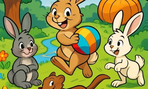 Ein junger, schelmischer Hase namens Hoppel mit weichem, hellbraunem Fell steht in der Mitte des Bildes, seine Augen funkeln vor Schalk und er hat ein breites Lächeln im Gesicht. Er springt fröhlich und hält einen bunten Ballon in seinen Vorderpfoten. Rechts von ihm steht seine Schwester Lola, ein kleines Kaninchen mit langen, weißen Ohren, die mit glänzenden Augen voller Aufregung zuschaut, während ihre Hinterbeine bereit sind zu springen. Links beobachtet der ruhige Bruder Mümmel mit grauem Fell und weisem Blick die Szene mit einem amüsierten Lächeln, die Pfoten übereinandergelegt. Die Szenerie ist ein sonniger Garten, gefüllt mit bunten Blumen, großen grünen Bäumen und einem sanft plätschernden kleinen Bach. Im Hintergrund thront ein großer, orangefarbener Kürbis stolz und verleiht der Szene einen Farbtupfer. Die Hauptsituation zeigt Hoppel und seine Geschwister, die einem schelmischen Wiesel hinterherjagen, das ihnen den Ballon gestohlen hat, was eine dynamische und energiegeladene Atmosphäre schafft.